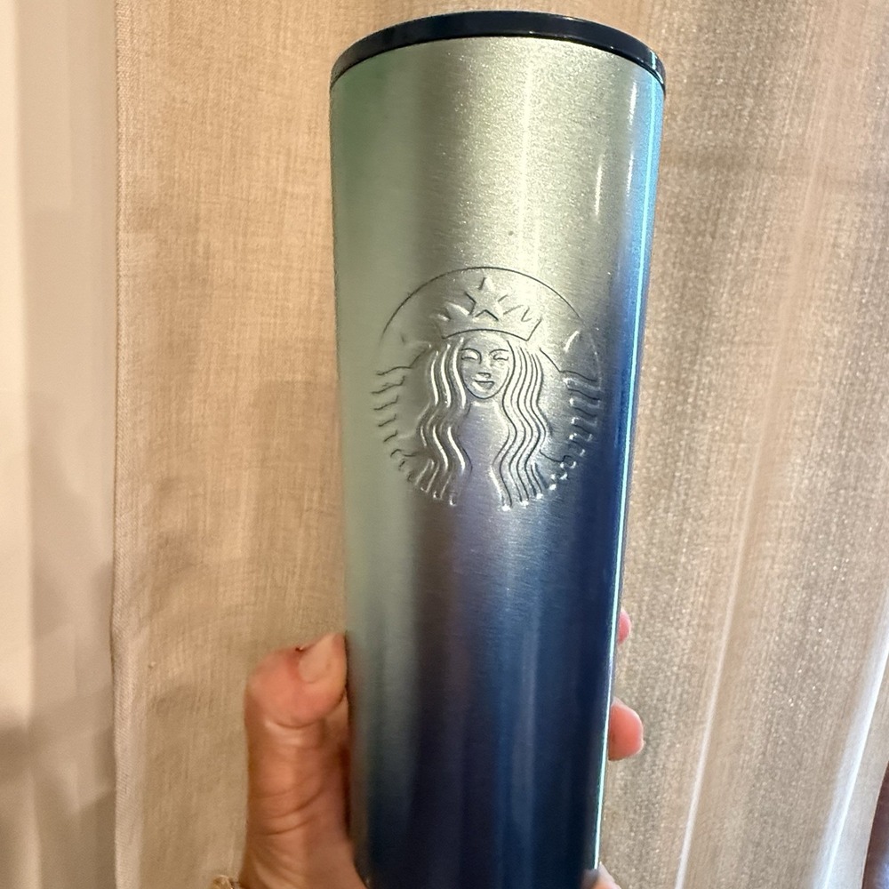 Starbucks Holiday Blue Green Ombre Shiny Metallic Tumbler 24oz No Straw